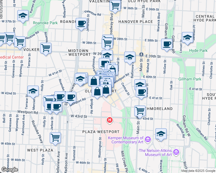 map of restaurants, bars, coffee shops, grocery stores, and more near 423 Westport Rd in Kansas City