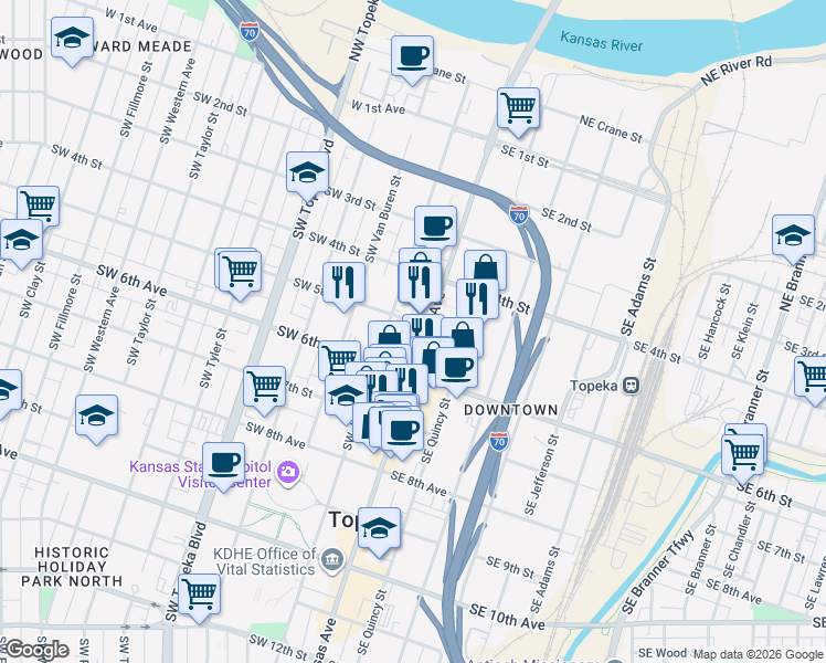 map of restaurants, bars, coffee shops, grocery stores, and more near 534 South Kansas Avenue in Topeka
