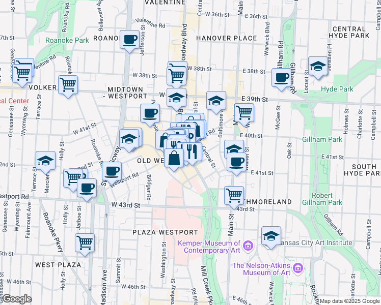 map of restaurants, bars, coffee shops, grocery stores, and more near 4116 Broadway Boulevard in Kansas City