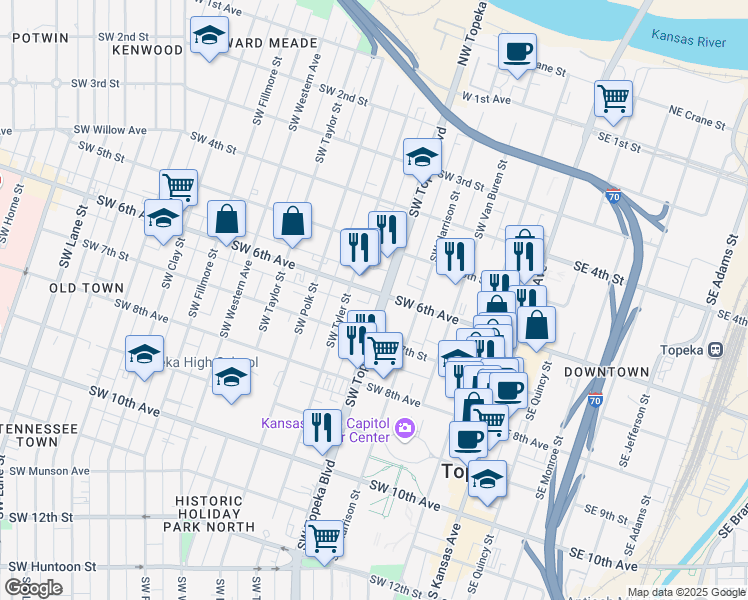 map of restaurants, bars, coffee shops, grocery stores, and more near 603 Southwest Topeka Boulevard in Topeka