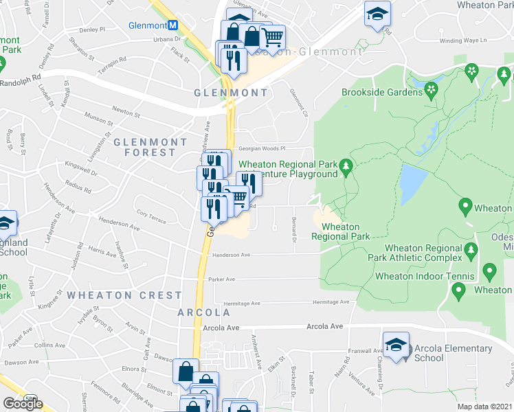 map of restaurants, bars, coffee shops, grocery stores, and more near Shorefield Rd & Eaglewood Ct in Wheaton-Glenmont
