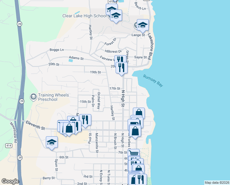 map of restaurants, bars, coffee shops, grocery stores, and more near 350 16th Street in Lakeport