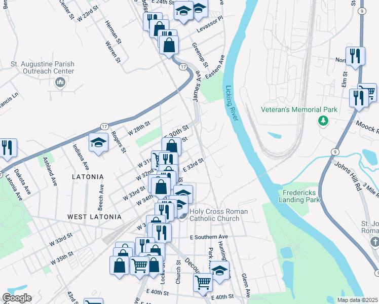 map of restaurants, bars, coffee shops, grocery stores, and more near 101 East 32nd Street in Covington