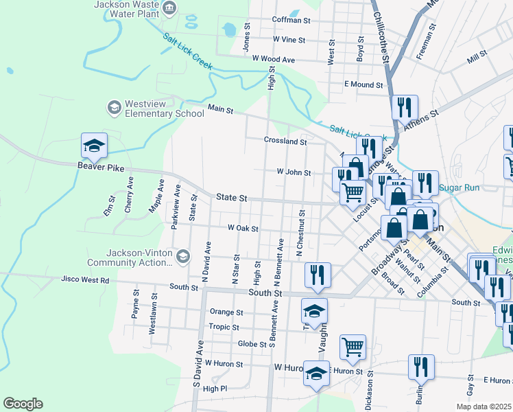 map of restaurants, bars, coffee shops, grocery stores, and more near 127N South High Street in Jackson