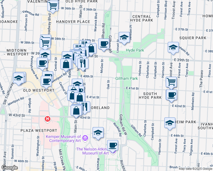 map of restaurants, bars, coffee shops, grocery stores, and more near 4041 McGee Street in Kansas City