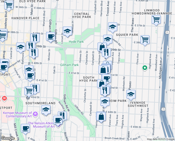 map of restaurants, bars, coffee shops, grocery stores, and more near 4039 Charlotte Street in Kansas City
