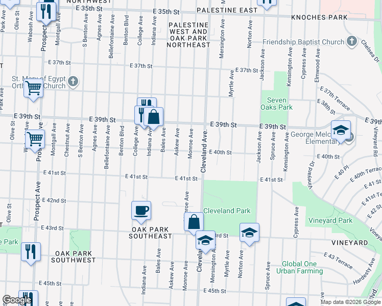 map of restaurants, bars, coffee shops, grocery stores, and more near 3707 East 40th Street in Kansas City