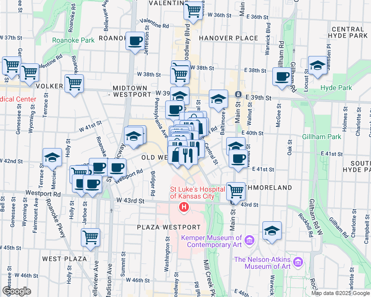 map of restaurants, bars, coffee shops, grocery stores, and more near 4116 Broadway Boulevard in Kansas City
