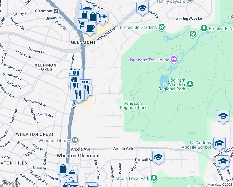 map of restaurants, bars, coffee shops, grocery stores, and more near 2121 Shorefield Road in Silver Spring