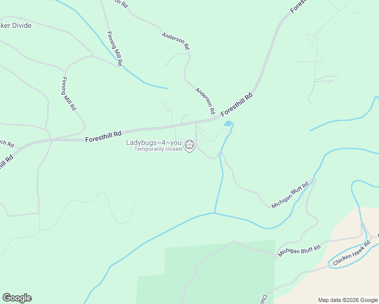map of restaurants, bars, coffee shops, grocery stores, and more near 6100 Michigan Bluff Road in Foresthill