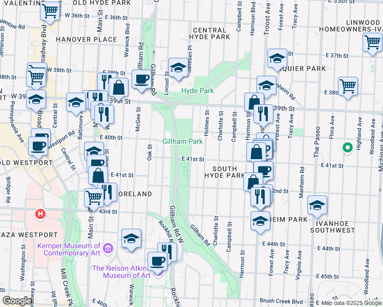 map of restaurants, bars, coffee shops, grocery stores, and more near 4039 Kenwood Avenue in Kansas City