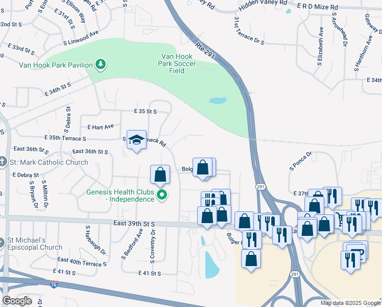 map of restaurants, bars, coffee shops, grocery stores, and more near 17800 Bolger Road in Independence