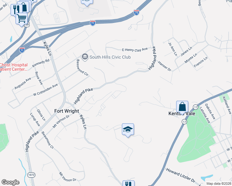 map of restaurants, bars, coffee shops, grocery stores, and more near 1402 Highland Avenue in Fort Wright