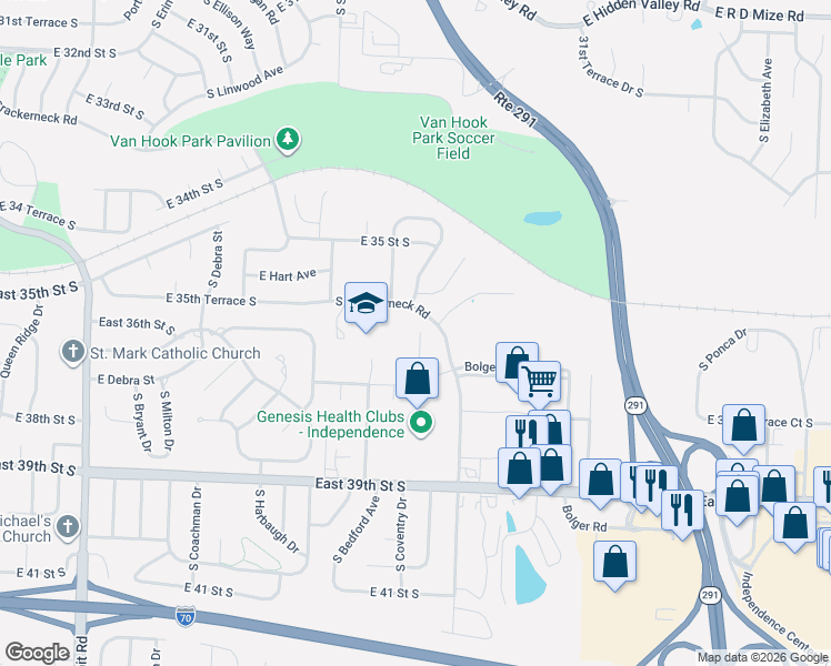 map of restaurants, bars, coffee shops, grocery stores, and more near 3703 South Bolger Court in Independence