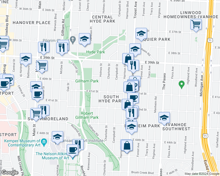 map of restaurants, bars, coffee shops, grocery stores, and more near 4100 Campbell Street in Kansas City