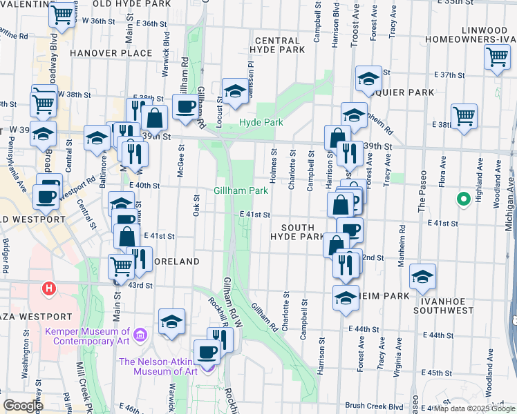 map of restaurants, bars, coffee shops, grocery stores, and more near 4105 Kenwood Avenue in Kansas City