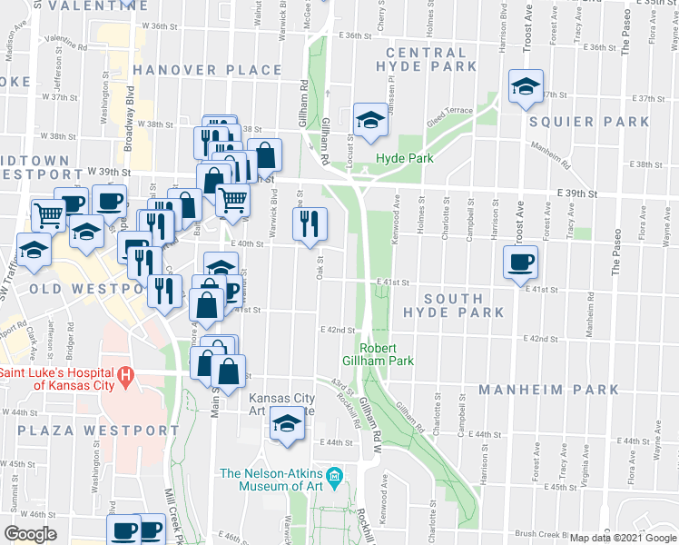 map of restaurants, bars, coffee shops, grocery stores, and more near 4104 Locust Street in Kansas City