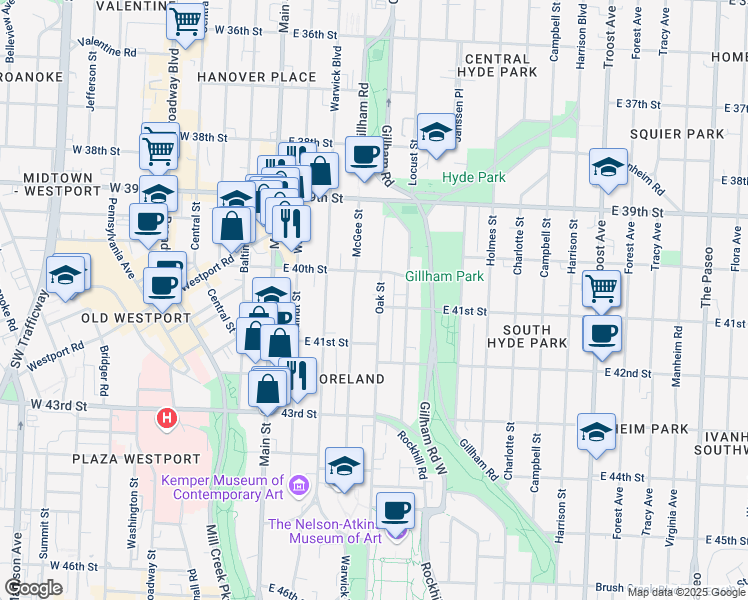map of restaurants, bars, coffee shops, grocery stores, and more near 4041 McGee Street in Kansas City