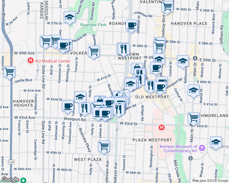 map of restaurants, bars, coffee shops, grocery stores, and more near 4201 Roanoke Road in Kansas City