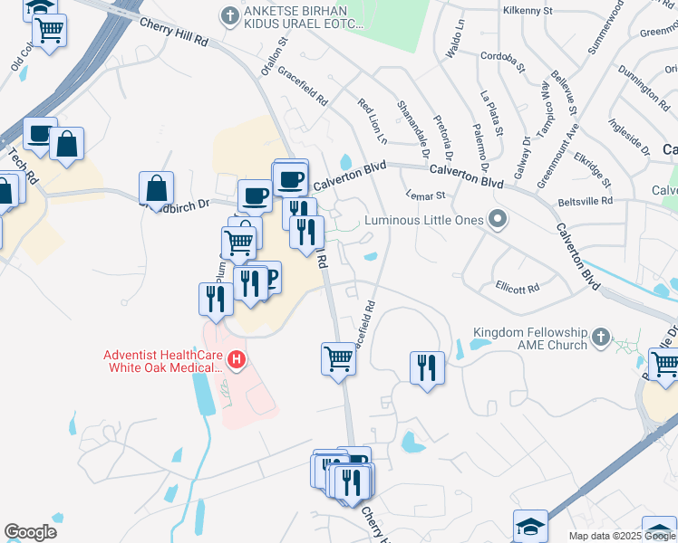 map of restaurants, bars, coffee shops, grocery stores, and more near 12110 Sweet Clover Drive in Silver Spring