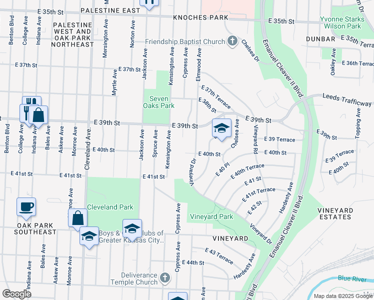 map of restaurants, bars, coffee shops, grocery stores, and more near 4510 East 40th Street in Kansas City