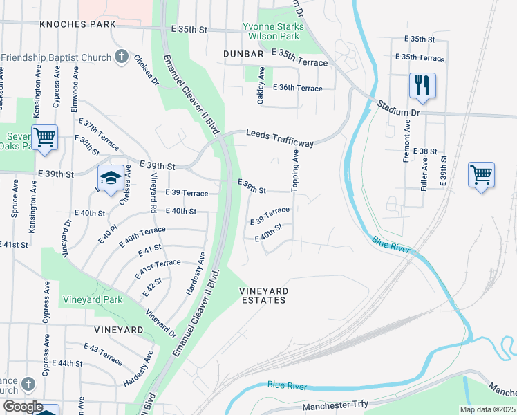 map of restaurants, bars, coffee shops, grocery stores, and more near 3939 Oakley Avenue in Kansas City