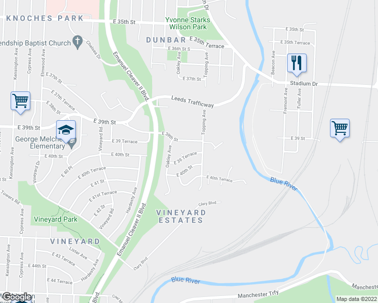 map of restaurants, bars, coffee shops, grocery stores, and more near 5700 East 39 Terrace in Kansas City