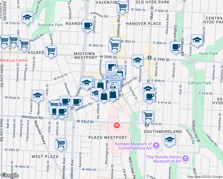 map of restaurants, bars, coffee shops, grocery stores, and more near 423 Westport Road in Kansas City