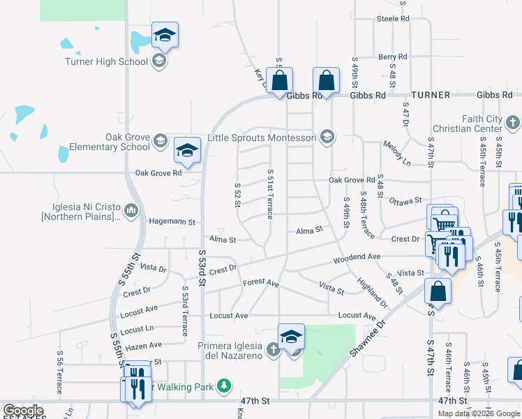 map of restaurants, bars, coffee shops, grocery stores, and more near 2716 South 51st Terrace in Kansas City