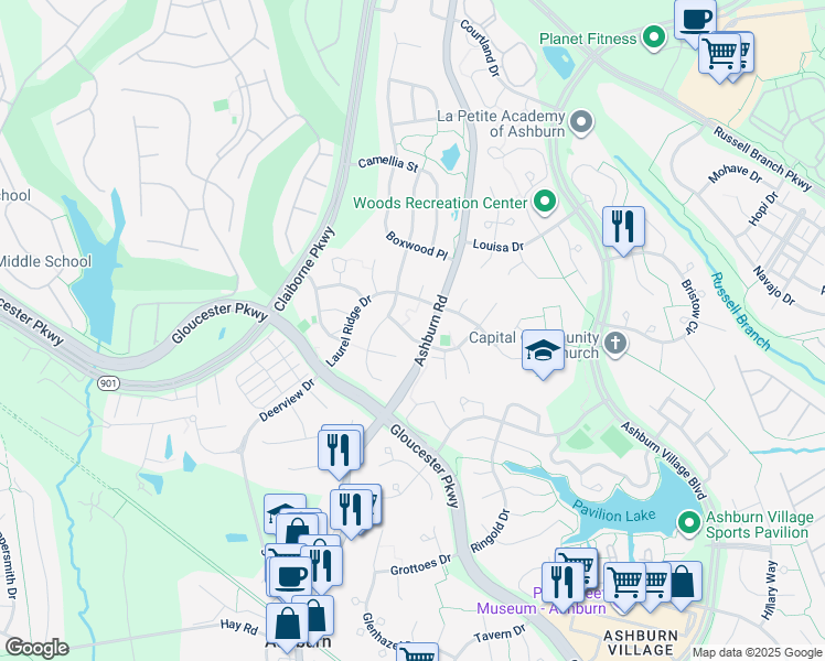 map of restaurants, bars, coffee shops, grocery stores, and more near 43862 Merryoak Way in Ashburn