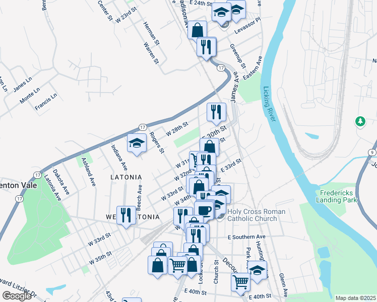 map of restaurants, bars, coffee shops, grocery stores, and more near 13 West 31st Street in Covington