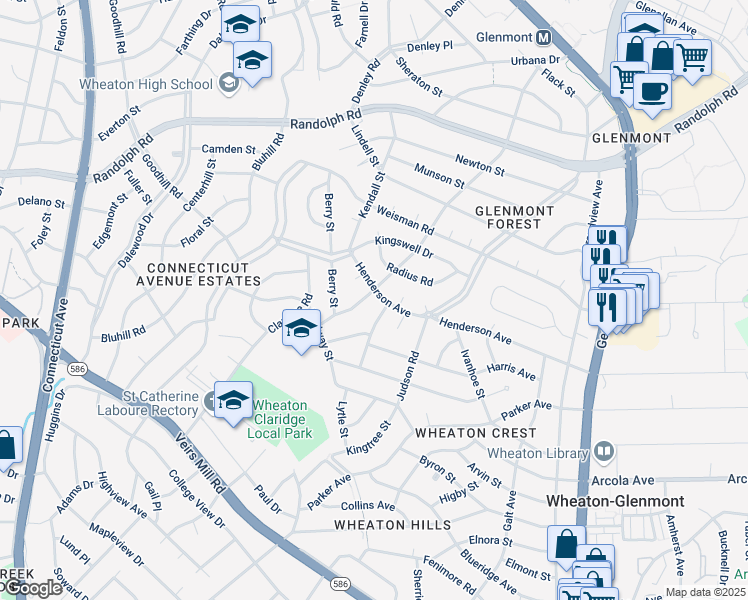 map of restaurants, bars, coffee shops, grocery stores, and more near 12033 Livingston Street in Silver Spring