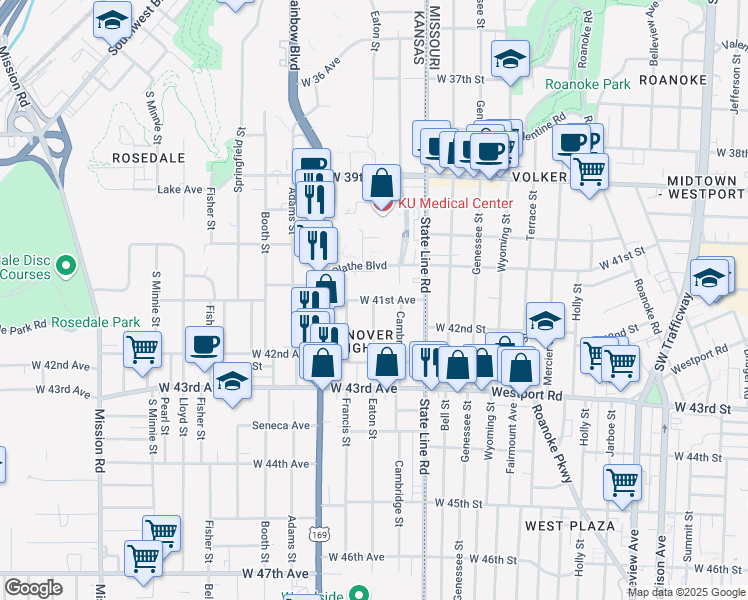 map of restaurants, bars, coffee shops, grocery stores, and more near W 41st Ave & Eaton St in Kansas City