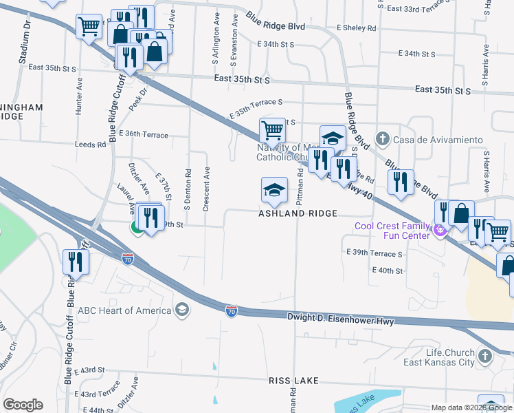 map of restaurants, bars, coffee shops, grocery stores, and more near 9915 East 38 Terrace in Kansas City