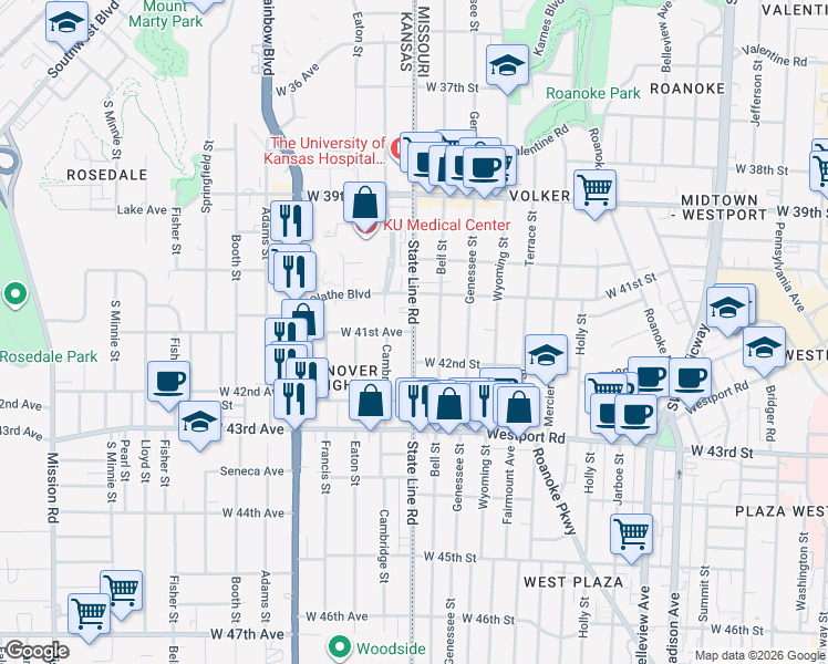 map of restaurants, bars, coffee shops, grocery stores, and more near State Line Road in Kansas City