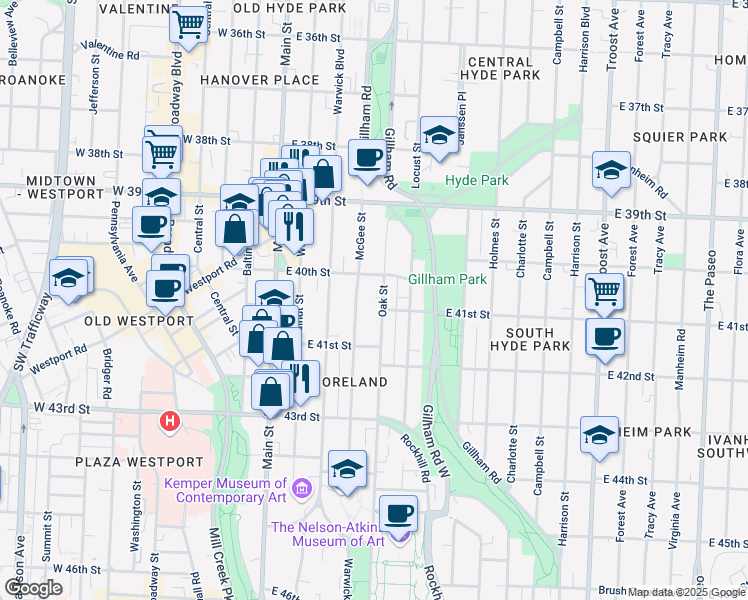 map of restaurants, bars, coffee shops, grocery stores, and more near 4041 McGee Street in Kansas City