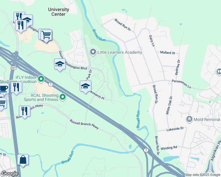 map of restaurants, bars, coffee shops, grocery stores, and more near 20324 River Ridge Terrace in Ashburn