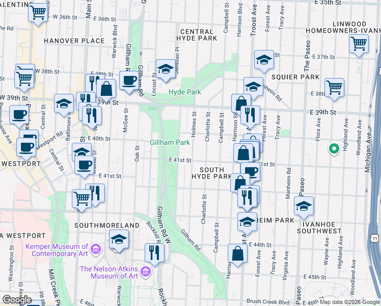 map of restaurants, bars, coffee shops, grocery stores, and more near 707 East 41st Street in Kansas City