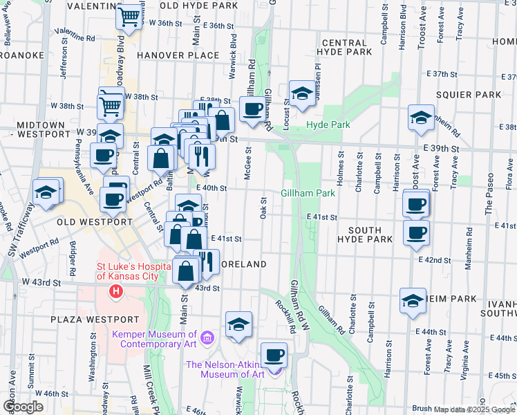 map of restaurants, bars, coffee shops, grocery stores, and more near 4010 Oak Street in Kansas City