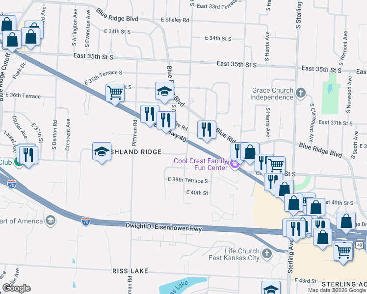 map of restaurants, bars, coffee shops, grocery stores, and more near 3827 Hardy Avenue in Kansas City