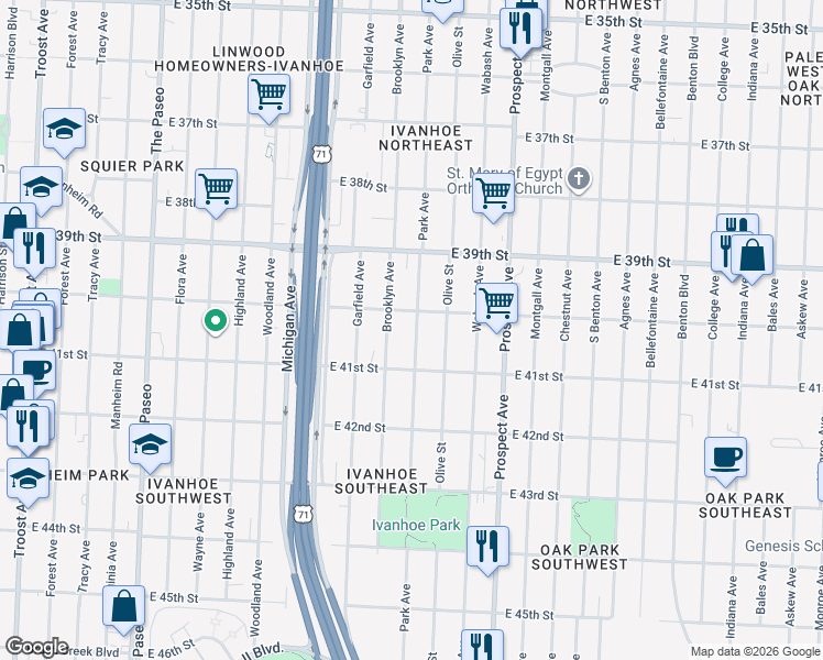 map of restaurants, bars, coffee shops, grocery stores, and more near 4033 Park Avenue in Kansas City
