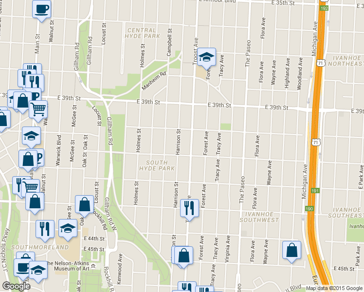 map of restaurants, bars, coffee shops, grocery stores, and more near 920 East 41st Street in Kansas City