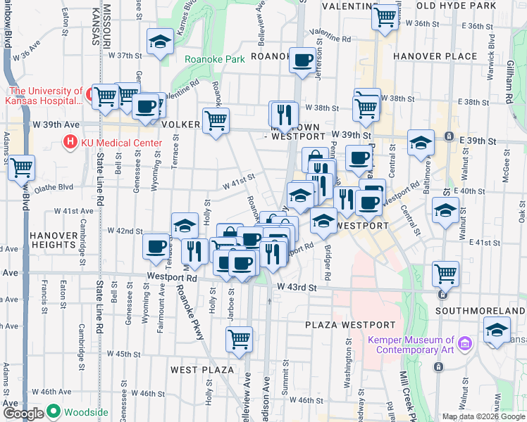 map of restaurants, bars, coffee shops, grocery stores, and more near 4201 Roanoke Road in Kansas City