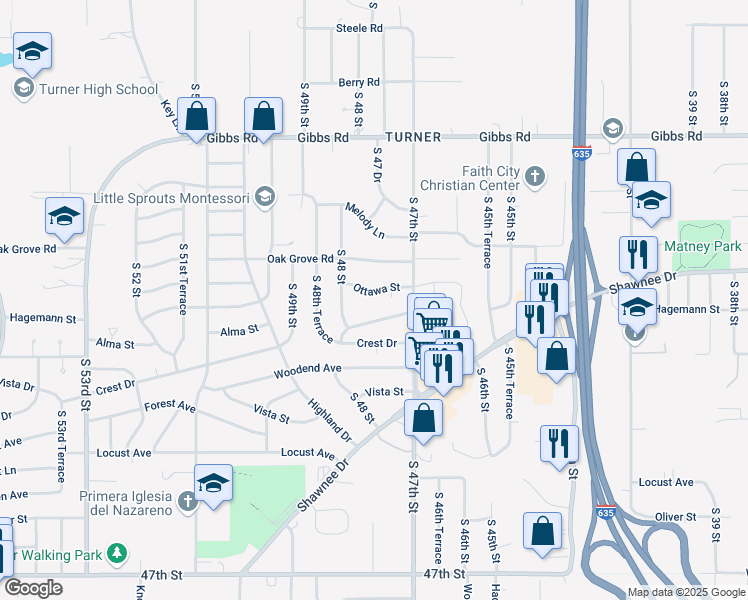 map of restaurants, bars, coffee shops, grocery stores, and more near 4717 Hagemann Street in Kansas City