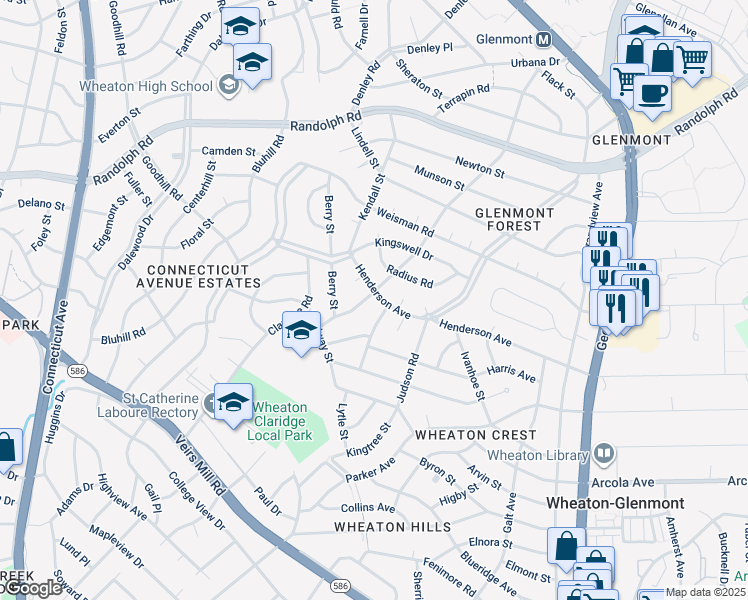 map of restaurants, bars, coffee shops, grocery stores, and more near 12033 Livingston Street in Silver Spring