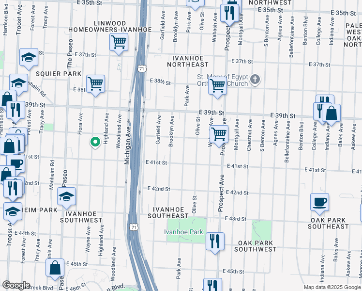 map of restaurants, bars, coffee shops, grocery stores, and more near 4033 Park Avenue in Kansas City