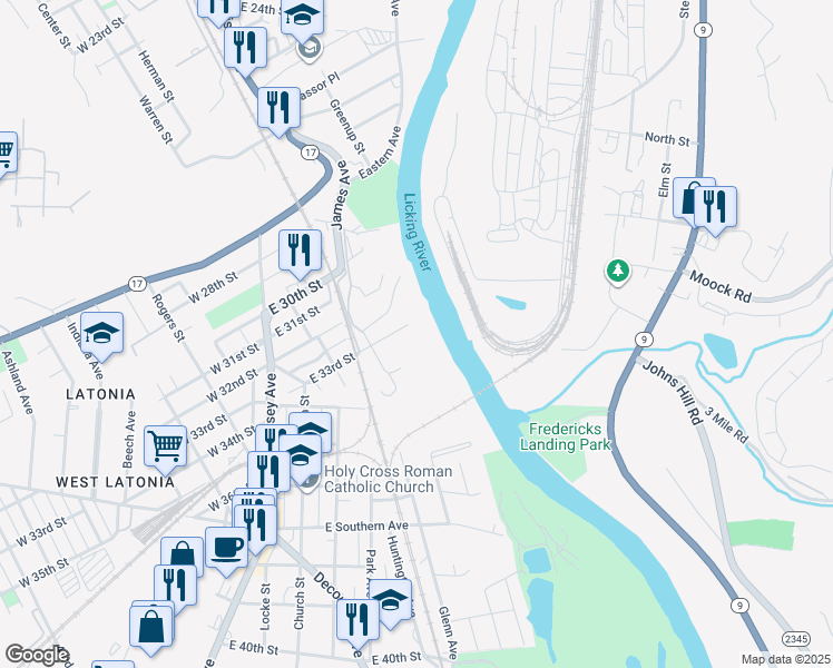map of restaurants, bars, coffee shops, grocery stores, and more near 315 1/2 East 33rd Street in Covington