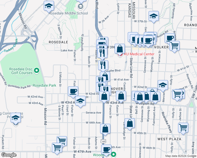 map of restaurants, bars, coffee shops, grocery stores, and more near 4107 Adams Street in Kansas City
