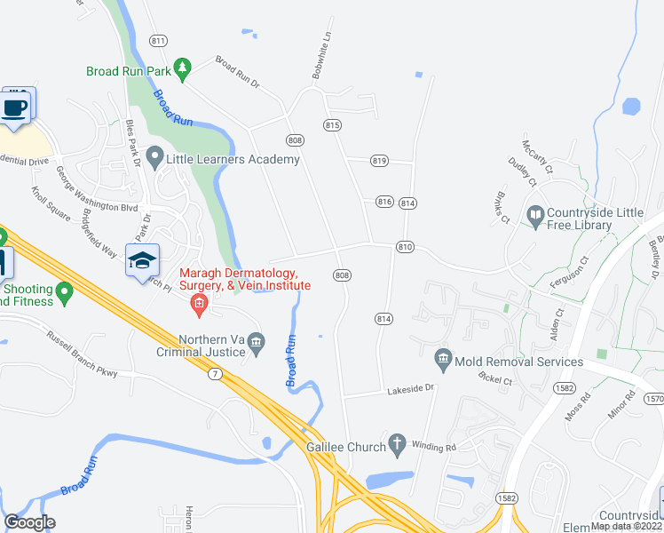 map of restaurants, bars, coffee shops, grocery stores, and more near 20311 Broad Run Drive in Sterling