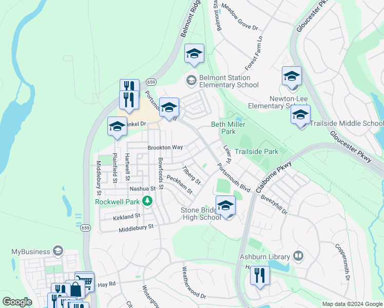 map of restaurants, bars, coffee shops, grocery stores, and more near 43002 Chesterton Street in Ashburn